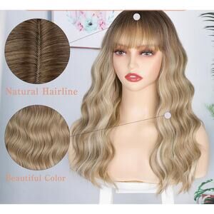 Long Wavy Curly Dirty Blonde Wig with Bangs  Heat Resistant Fiber Synthetic New
